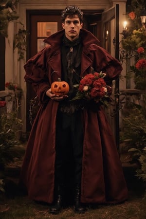 a fashion photography.slightly muscular young man with pale skin elegant pose.full-portrait.distance shot.artistic Fashionable eccentric dark-maroon phantom-like blackish-crimson draping haute-couture with a unique shape resembling a blooming dark dahlia-flower with long petals. Exquisite jewelry headpiece. long wiggly petals. Holding a jack-o-lantern with candies and a bouquet of dark-crimson dahlias atop curvy stems. black leather boots. at the front door of a opulent house with a yard with many rampant dark colored flowers. trick-or-treat. balanced composition. mysterious night. warm light. bokeh.,ABMhauntedVibe,Sparkle Glowing,aidmaabdhr,Grosteque Fairytale Art, dark and eerie atmosphere.