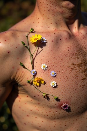 Close up of a man's armpit. his hairy armpit is decorated with small flowers. realistic skin, realistic armpit hair, realistic flowers include white and soft-lilac-asters and yellow-buttercups. fair light skin, muscular smooth skin, resting on the grass-sod, 16K Ultra realistic, warm afternoon light, defined soft light.,detailed skin pore style,bokehmachine