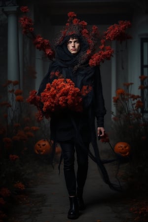 a fashion photography.slightly muscular man.walking.full-portrait.distance shot.artistic Fashionable draping haute-couture resembling a dahlia-flower. Exquisite jewelry headpiece. long wiggly petals. Holding a jack-o-lantern with candies and a bouquet of dark-crimson dahlias atop curvy stems. black leather boots. at the front door with a yard with many dark color flowers. trick-or-treat. balanced composition. mysterious night.  bokeh.,ABMhauntedVibe,Fantasy Regal Artgem