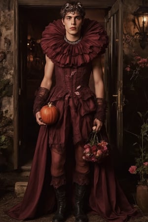 a fashion photography.slightly muscular young man with pale skin elegant pose.full-portrait.distance shot.artistic Fashionable dark-maroon phantom-like blackish-crimson draping haute-couture resembling a dahlia-flower with long petals. Exquisite jewelry headpiece. long wiggly petals. Holding a jack-o-lantern with candies and a bouquet of dark-crimson dahlias atop curvy stems. black leather boots. at the front door of a opulent house with a yard with many rampant dark colored flowers. trick-or-treat. balanced composition. mysterious night. warm light. bokeh.,ABMhauntedVibe,Sparkle Glowing,aidmaabdhr,Grosteque Fairytale Art, dark and eerie atmosphere.