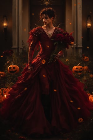 a fashion photography.slightly muscular young man with pale skin elegant pose.full-portrait.distance shot.artistic Fashionable dark-maroon blackish-crimson draping haute-couture resembling a dahlia-flower with long petals. Exquisite jewelry headpiece. long wiggly petals. Holding a jack-o-lantern with candies and a bouquet of dark-crimson dahlias atop curvy stems. black leather boots. at the front door of a opulent house with a yard with many rampant dark colored flowers. trick-or-treat. balanced composition. mysterious night. warm light. bokeh.,ABMhauntedVibe,Sparkle Glowing 