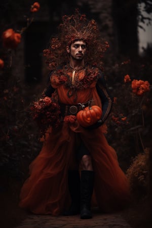 a fashion photography.slightly muscular man.walking.full-portrait.distance shot.artistic Fashionable draping haute-couture resembling a dahlia-flower. Exquisite jewelry headpiece. long wiggly petals. Holding a jack-o-lantern with candies and a bouquet of dark-crimson dahlias atop curvy stems. black leather boots. at the front door with a yard with many dark color flowers. trick-or-treat. balanced composition. mysterious night. warm light. bokeh.,ABMhauntedVibe,Fantasy Regal Artgem