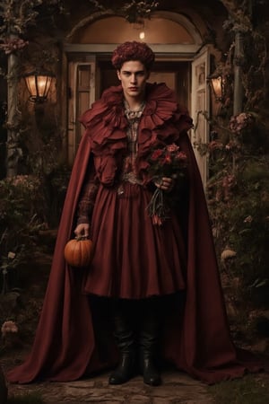 a fashion photography.slightly muscular young man with pale skin elegant pose.full-portrait.distance shot.artistic Fashionable dark-maroon phantom-like blackish-crimson draping haute-couture resembling a dahlia-flower with long petals. Exquisite jewelry headpiece. long wiggly petals. Holding a jack-o-lantern with candies and a bouquet of dark-crimson dahlias atop curvy stems. black leather boots. at the front door of a opulent house with a yard with many rampant dark colored flowers. trick-or-treat. balanced composition. mysterious night. warm light. bokeh.,ABMhauntedVibe,Sparkle Glowing,aidmaabdhr,Grosteque Fairytale Art 