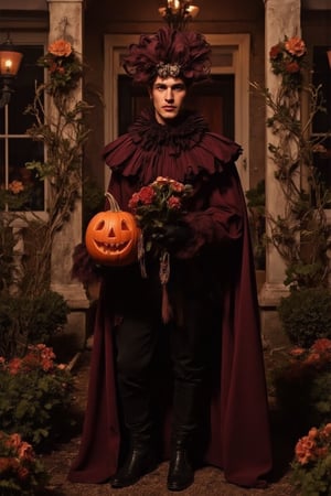 a fashion photography.slightly muscular young man with pale skin elegant pose.full-portrait.distance shot.artistic Fashionable eccentric dark-maroon phantom-like blackish-crimson draping haute-couture with a unique shape resembling a blooming dark dahlia-flower with long petals. Exquisite jewelry headpiece. long wiggly petals. Holding a jack-o-lantern with candies and a bouquet of dark-crimson dahlias atop curvy stems. black leather boots. at the front door of a opulent house with a yard with many rampant dark colored flowers. trick-or-treat. balanced composition. mysterious night. warm light. bokeh.,ABMhauntedVibe,Sparkle Glowing,aidmaabdhr,Grosteque Fairytale Art, dark and eerie atmosphere.