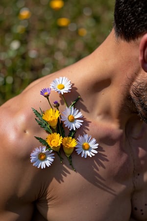 Close up of a man's armpit. his hairy armpit is decorated with small flowers. realistic skin, realistic armpit hair, realistic flowers include white and soft-lilac-asters and yellow-buttercups. fair light skin, muscular smooth skin, resting on the grass-sod, 16K Ultra realistic, warm afternoon light, defined soft light.,detailed skin pore style