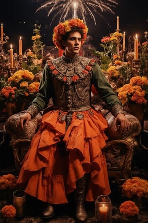 photography. man elegant pose. shiny costume. Vibrant bejeweled colorful costume decorated with many marigolds and layered ruffles skirt resembling an orange marigold. shiny boots. skeleton makeup. Headpiece of zinnias and marigolds. pose among abundant still life display of marigolds and balanced composition. mysterious. bokeh. warm candle lights. dia-de-los-muertos party. man in costumes. fireworks.,ABMhauntedVibe,Grosteque Fairytale Art,Grosteque Fairytale Art,FuturEvoLabRoom