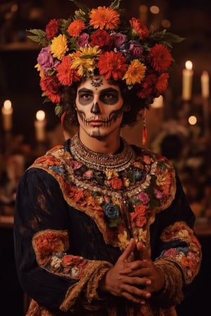 a fashion photography.men dancing. full-portrait. Vibrant bejeweled colorful costume decorated with many marigolds and skeleton makeup. Headpiece of zinnias and marigolds. balanced composition. mysterious. bokeh. warm candle lights. dia-de-los-muertos party. 