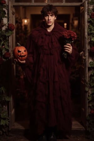 a fashion photography.slightly muscular young man with pale skin elegant pose.full-portrait.distance shot.artistic Fashionable dark-maroon phantom-like blackish-crimson draping haute-couture resembling a dahlia-flower with long petals. Exquisite jewelry headpiece. long wiggly petals. Holding a jack-o-lantern with candies and a bouquet of dark-crimson dahlias atop curvy stems. black leather boots. at the front door of a opulent house with a yard with many rampant dark colored flowers. trick-or-treat. balanced composition. mysterious night. warm light. bokeh.,ABMhauntedVibe,Sparkle Glowing,aidmaabdhr