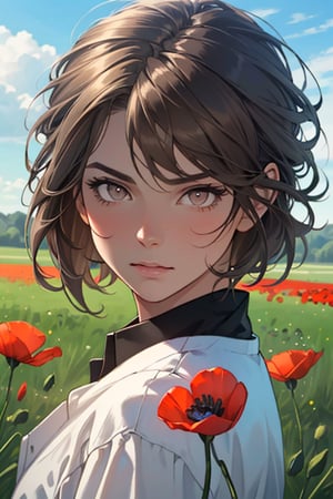 portrait, young mam, (grey-brown hair, shaved hair:1.2), (gray eyes, normal size eyes), slim, shirtless, handsome, charming, alluring, (standing), (upper body in frame), rural scene background, green plains, poppy flowers in summer breeze, red and pink and picotee poppies, cloudy blue sky, perfect light, only1 image, perfect anatomy, perfect proportions, perfect perspective, 8k, HQ, (best quality:1.5, hyperrealistic:1.5, photorealistic:1.4, madly detailed CG unity 8k wallpaper:1.5, masterpiece:1.3, madly detailed photo:1.2), (hyper-realistic lifelike texture:1.4, realistic eyes:1.2), picture-perfect face, perfect eye pupil, detailed eyes, realistic, HD, UHD, (front view:1.2), portrait, looking outside frame