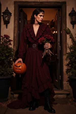 a fashion photography.slightly muscular young man with pale skin elegant pose.full-portrait.distance shot.artistic Fashionable dark-maroon phantom-like blackish-crimson draping haute-couture resembling a dahlia-flower with long petals. Exquisite jewelry headpiece. long wiggly petals. Holding a jack-o-lantern with candies and a bouquet of dark-crimson dahlias atop curvy stems. black leather boots. at the front door of a opulent house with a yard with many rampant dark colored flowers. trick-or-treat. balanced composition. mysterious night. warm light. bokeh.,ABMhauntedVibe,Sparkle Glowing 