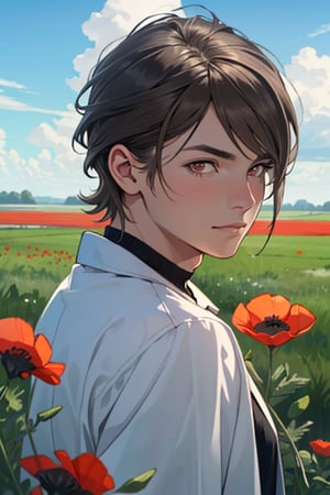 portrait, young mam, (grey-brown hair, shaved hair:1.2), (gray eyes, normal size eyes), slim, shirtless, handsome, charming, alluring, (standing), (upper body in frame), rural scene background, green plains, poppy flowers in summer breeze, red and pink and picotee poppies, cloudy blue sky, perfect light, only1 image, perfect anatomy, perfect proportions, perfect perspective, 8k, HQ, (best quality:1.5, hyperrealistic:1.5, photorealistic:1.4, madly detailed CG unity 8k wallpaper:1.5, masterpiece:1.3, madly detailed photo:1.2), (hyper-realistic lifelike texture:1.4, realistic eyes:1.2), picture-perfect face, perfect eye pupil, detailed eyes, realistic, HD, UHD, (front view:1.2), portrait, looking outside frame