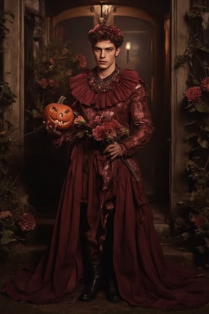 a fashion photography.slightly muscular young man with pale skin elegant pose.full-portrait.distance shot.artistic Fashionable dark-maroon phantom-like blackish-crimson draping haute-couture resembling a dahlia-flower with long petals. Exquisite jewelry headpiece. long wiggly petals. Holding a jack-o-lantern with candies and a bouquet of dark-crimson dahlias atop curvy stems. black leather boots. at the front door of a opulent house with a yard with many rampant dark colored flowers. trick-or-treat. balanced composition. mysterious night. warm light. bokeh.,ABMhauntedVibe,Sparkle Glowing,aidmaabdhr,Grosteque Fairytale Art 