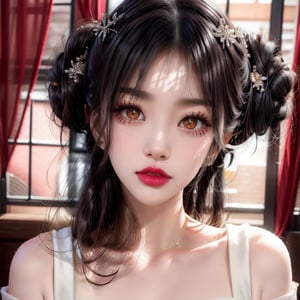 woman, large bright eyes, dark shining pupils, long curled lashes, crescent-shaped eyebrows, straight nose, oval mouth, warm calm expression, pinkish-red lips, round well-proportioned face, plump rosy cheeks, light makeup, flawless skin, well-defined features, parted bangs, black hairpin, glossy black hair, tidy bun,Beauty,Detailedface,masterpiece