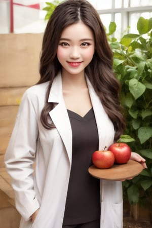 1girl, solo, long hair, looking at viewer, smile, black hair, brown eyes, food, fruit, realistic, apple, labcoat, tomato, vegetable, stethoscope,vietnam