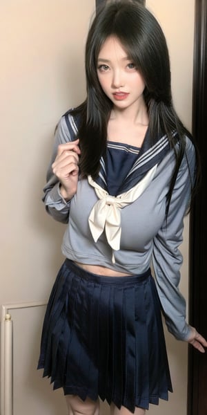 Japanese photo model, angelic face, devilish figure, sweet appearance, high school uniform, restaurant, tall and slender body, friendly smile, long straight black hair, E-cup bust,serafuku,busty,