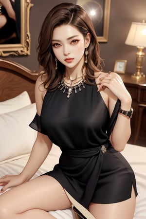 A K-pop idol reclines on a plush bed, piercing brown eyes locking onto the viewer with an intense gaze. Soft, warm lighting wraps around her porcelain skin, framed by perfectly styled short, brown hair. A stunning dress cinches at the waist, accentuating toned curves and athletic physique. High heels elongate legs in black pantyhose, complemented by a statement necklace glimmering around her neck, delicate earrings, and wristwatch. Her handbag rests beside her as she sits poised in a confident pose, exuding poise and sophistication. The camera captures her from a slight angle, emphasizing the curves of her body and the dramatic folds of the dress.