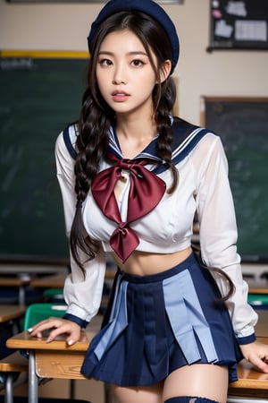 (8k, RAW photo, best quality, masterpiece:1.2), (realistic, photo-realistic:1.4), ultra-detailed, (Kpop idol),perfect detail ,  looking at viewer,make up,1girl, solo, breasts, looking at viewer, skirt, brown hair, thighhighs, bow, brown eyes, sitting, underwear, school uniform, parted lips, black thighhighs, indoors, bra, lips, desk, white bra, realistic, classroom, school desk, chalkboard, sitting on desk,fake breast