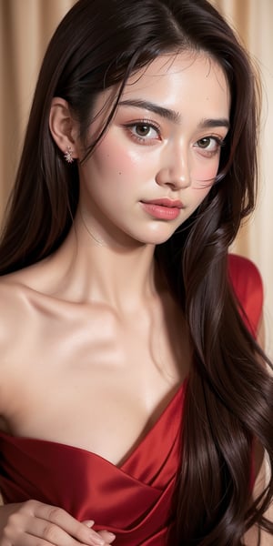 Headshotnts,red gown, elegant shoulder-length hair, bright phoenix eyes, willow-like eyebrows, captivating blink, teasing smile, cherry lips, untouched by lipstick, delicate smooth radiant skin, hint of blush, springtime allure,face close-up