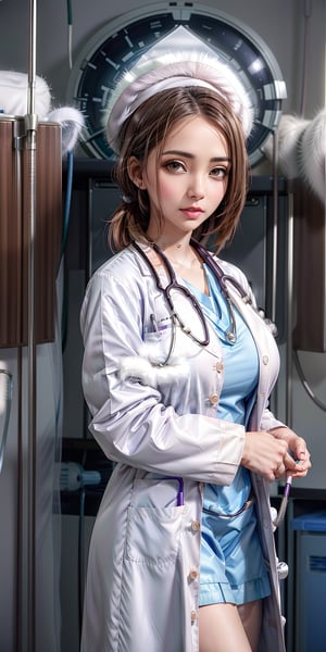 female doctor, beautiful, large bust, white coat, professionalism, elegance, attractive features, confident demeanor, long hair tied back, stethoscope, clinical setting,photorealistic, white fur coat,luciewilde,LABCOAT OVER SCRUBS