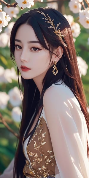 (8k, RAW photo, best quality, masterpiece:1.2), (realistic, photo-realistic:1.4), ultra-detailed, (Kpop idol),perfect detail , looking at viewer,make up,1girl, solo, long hair, brown hair, hair ornament, long sleeves, dress, holding, jewelry, flower, earrings, hair flower, from side, chinese clothes, realistic, branch