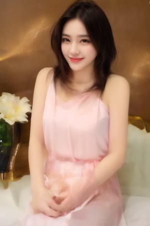 woman, sitting on bed, indoors, elegant, charm, tight-fitting pink dress, sleeveless, low-cut, slender figure, graceful curves, long black hair, large captivating eyes, sparkling black gems, warm sincere smile, straight white teeth, youthful vitality, pink flowers, white vase, romance, warmth, natural fresh aura, unique charm