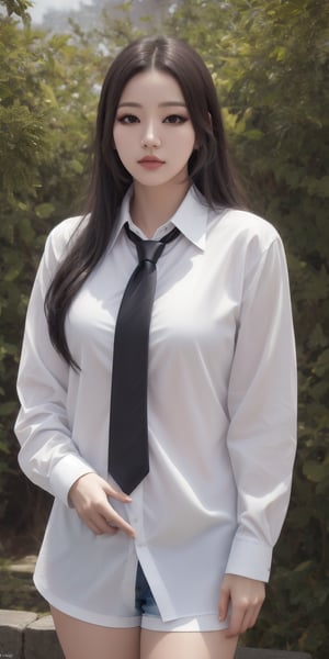 (8k, RAW photo, best quality, masterpiece:1.2), (realistic, photo-realistic:1.4), ultra-detailed, (Kpop idol),perfect detail ,  looking at viewer,make up,1girl, solo, long hair, shirt, black hair, long sleeves, standing, white shirt, outdoors, necktie, shorts, collared shirt, lips, building, black necktie, realistic, photo background