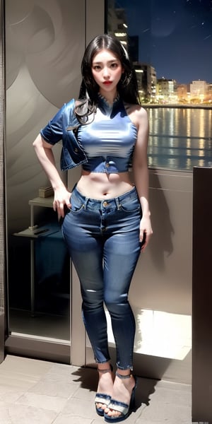 best quality,highly detailed,masterpiece,ultra-detailed,illustration,1girl, solo, long hair, black hair, standing, full body, midriff, pants, indoors, nail polish, high heels, crop top, night, sandals, denim, reflection, toenails, jeans, blue pants, toenail polish,beautiful curves