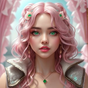 best quality,highly detailed,masterpiece,ultra-detailed,illustration,best quality,highly detailed,masterpiece,ultra-detailed,illustration,confident eyes, emerald eyes, sparkling, silky smooth pink hair, lustrous long hair, natural cascade, arched eyebrows, petite rounded nose, pink lips, adorable fangs, captivating look