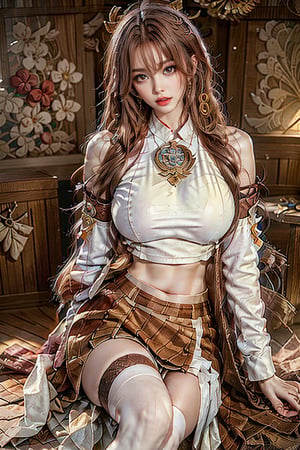 (8k, RAW photo, best quality, masterpiece:1.2), (realistic, photo-realistic:1.4), ultra-detailed, (Kpop idol),perfect detail , looking at viewer,make up,1girl, solo, long hair, skirt, brown hair, thighhighs, midriff, feet, cosplay, realistic