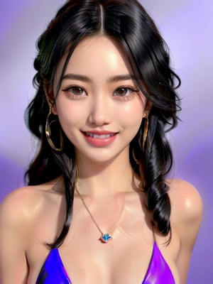 1girl, solo, long hair, looking at viewer, smile, simple background, black hair, jewelry, swimsuit, upper body, bikini, earrings, teeth, necklace, grin, black eyes, lips, purple background, realistic,makeup and detailed eyes,Detailedface,1 girl ,Perfect lips