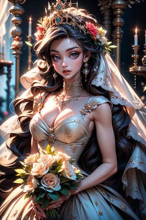 (8k, RAW photo, best quality, masterpiece:1.2), (realistic, photo-realistic:1.4), ultra-detailed, (Kpop idol),perfect detail , looking at viewer,make up,1girl, solo, brown hair, black hair, dress, jewelry, flower, earrings, white dress, tiara, veil, bouquet, wedding dress, bridal veil, bride,Clothes