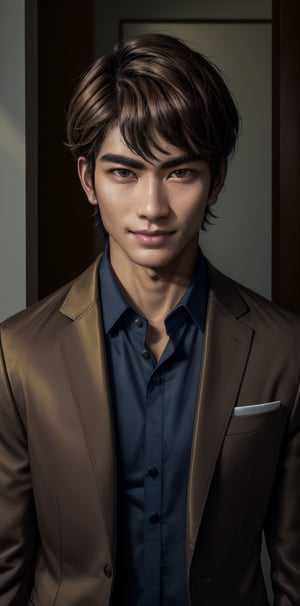 one boy,indoor,best quality,highly detailed,masterpiece,ultra-detailed,illustration,realistic,stand,solo,short hair,{{brown hair}},suit,smirk,w ,Asian man,solo ,handsome Italian,Detailedface