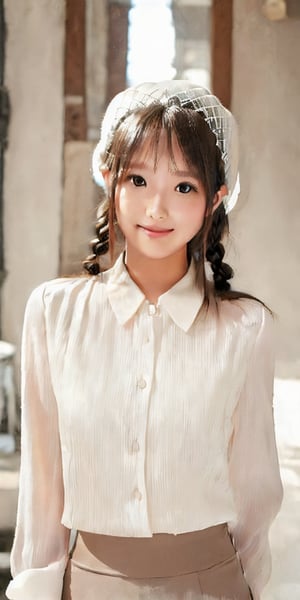 playful, youthful, high school girl, white blouse, plaid pleated skirt, twin braids, lace hat, graceful, charming, sweet face, big expressive eyes, small face, sweet smile, slender, curvy, high beauty, alluring figure, sexy, elegant, beautiful