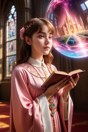 1girl, solo, (masterpiece), (absurdres:1.3), (ultra detailed), HDR, UHD, 16K, ray tracing, vibrant eyes, perfect face, award winning photo, beautiful, shiny skin, (highly detailed), clear face, teenage cute delicate girl, (shy blush:1.1), (high quality, high res, aesthetic:1.1), (dynamic action pose:1.3) ,slightly smile, lens flare, photo quality, big dream eyes, ((perfect eyes, perfect fingers)), iridescent brown hair, vivid color, perfect lighting, perfect shadow, realistic, stunning light, (atmosphere :1.6), nice hands, insane details ,high details ,kawaii, (extra wide shot: 1.8)  (Sharp focus realistic illustration:1.2), a giant glass sphere containing a small ecosystem, surrounded by measurement devices is installed in large-scale factory, a girl Priest stands next to the sphere, divine magic, sacred texts, ceremonial robes, incense, healing spells, blessing rituals, BREAK intricate illustrations, delicate linework, fine details, whimsical patterns, enchanting scenes, dreamy visuals, captivating storytelling, church and stain glass background, messy interior, book, elemental, feature,flower, ((pink gold style)),more detailnice hands, perfect fingers, dynamic posing, cute girl,flowers,rose, 1girl, holding stuff, ,shikimorisan