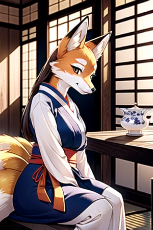 A female anthropomorphic kitsune, ((nine tails)), multiple tail, fox tails, fox ears, fox muzzle, white fur,  beautiful, motherly, traditional Japanese dress, sitting down, drinking tea, inside Japanese building, looking at viewer,  facing viewer, close shot, well drawn, good drawing, detailed