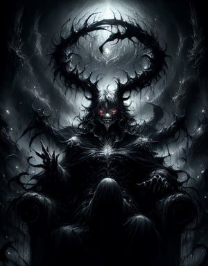 A dark, ominous castle looms in the misty background as the Devil King sits atop a throne of twisted black iron, his piercing red eyes glowing with malevolent intent. His horns curve upwards like scimitars, and his sharp teeth seem to gleam with anticipation. The air is heavy with the scent of brimstone and smoke as he raises one hand, summoning forth a swirling vortex of hellish energy.,Dark king,la+ darkness,DarkTheme,Dark fantasy v2,Jack o 'Lantern,DGQMGirl2,dmnrmr,CharcoalDarkStyle, Dark_Mediaval,h4l0w3n5l0w5tyl3DonMD4rk,Darkness Kitten 