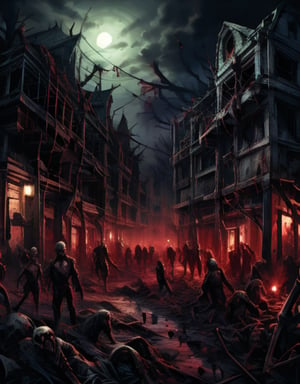 A desolate, post-apocalyptic landscape unfolds as a red-hued full moon hangs low in the darkened sky. Amidst the ruins, a shambling undead figure emerges from the shadows, its decaying flesh illuminated by the eerie lunar glow. The zombie's milky eyes stare blankly ahead, as it lurches forward with an unnatural gait, set against the backdrop of crumbling buildings and twisted metal wreckage.,Zombie,zomb00d,redmoonreindeer,zombie,sakura minamoto