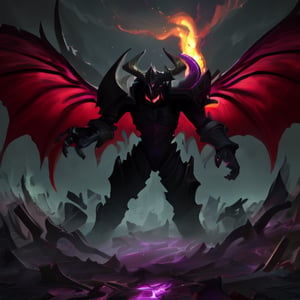 A dark, ominous figure looms in the foreground, the demon king's twisted face illuminated by a flickering torch. Shadows dance across his scaly skin as he surveys his domain, a desolate landscape of burning ruins and smoldering lava flows. His massive wings spread wide, casting long, eerie silhouettes across the scorched earth.,thigh,DonM3l3m3nt4l,leviathandef, no humans,RINGED_KNIGHT,Abyss_Watchers,Jack o 'Lantern,DGQMGirl2,CharcoalDarkStyle,glowing eyes,DonMD4rk3lv3s