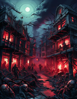 A desolate, post-apocalyptic landscape unfolds as a red-hued full moon hangs low in the darkened sky. Amidst the ruins, a shambling undead figure emerges from the shadows, its decaying flesh illuminated by the eerie lunar glow. The zombie's milky eyes stare blankly ahead, as it lurches forward with an unnatural gait, set against the backdrop of crumbling buildings and twisted metal wreckage.,Zombie,zomb00d,redmoonreindeer,zombie,sakura minamoto