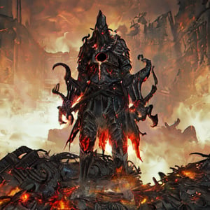 A dark, ominous figure looms in the foreground, the demon king's twisted face illuminated by a flickering torch. Shadows dance across his scaly skin as he surveys his domain, a desolate landscape of burning ruins and smoldering lava flows. His massive wings spread wide, casting long, eerie silhouettes across the scorched earth.,thigh,DonM3l3m3nt4l,leviathandef, no humans,RINGED_KNIGHT,Abyss_Watchers