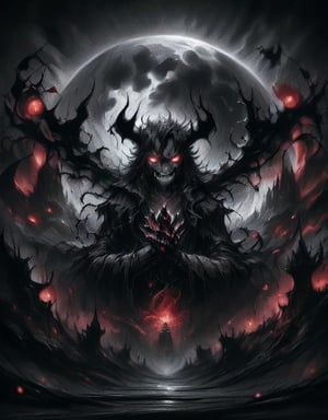 A dark, ominous castle looms in the misty background as the Devil King sits atop a throne of twisted black iron, his piercing red eyes glowing with malevolent intent. His horns curve upwards like scimitars, and his sharp teeth seem to gleam with anticipation. The air is heavy with the scent of brimstone and smoke as he raises one hand, summoning forth a swirling vortex of hellish energy.,Dark king,la+ darkness,DarkTheme,Dark fantasy v2,Jack o 'Lantern,DGQMGirl2,dmnrmr,CharcoalDarkStyle, Dark_Mediaval