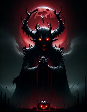 A dark, ominous castle looms in the misty background as the Devil King sits atop a throne of twisted black iron, his piercing red eyes glowing with malevolent intent. His horns curve upwards like scimitars, and his sharp teeth seem to gleam with anticipation. The air is heavy with the scent of brimstone and smoke as he raises one hand, summoning forth a swirling vortex of hellish energy.,Dark king,la+ darkness,DarkTheme,Dark fantasy v2,Jack o 'Lantern,DGQMGirl2