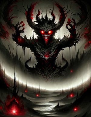 A dark, ominous castle looms in the misty background as the Devil King sits atop a throne of twisted black iron, his piercing red eyes glowing with malevolent intent. His horns curve upwards like scimitars, and his sharp teeth seem to gleam with anticipation. The air is heavy with the scent of brimstone and smoke as he raises one hand, summoning forth a swirling vortex of hellish energy.,Dark king