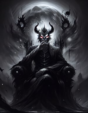 A dark, ominous castle looms in the misty background as the Devil King sits atop a throne of twisted black iron, his piercing red eyes glowing with malevolent intent. His horns curve upwards like scimitars, and his sharp teeth seem to gleam with anticipation. The air is heavy with the scent of brimstone and smoke as he raises one hand, summoning forth a swirling vortex of hellish energy.,Dark king,la+ darkness,DarkTheme,Dark fantasy v2,Jack o 'Lantern,DGQMGirl2,dmnrmr,CharcoalDarkStyle, Dark_Mediaval,h4l0w3n5l0w5tyl3DonMD4rk,Darkness Kitten ,EpicGhost,Ghost mask ,ghostface,ghostfreak,ghost nocturnal,saree,ghostrider,LapisLazuli,Hunter 