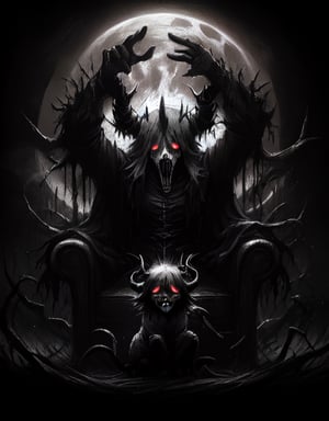 A dark, ominous castle looms in the misty background as the Devil King sits atop a throne of twisted black iron, his piercing red eyes glowing with malevolent intent. His horns curve upwards like scimitars, and his sharp teeth seem to gleam with anticipation. The air is heavy with the scent of brimstone and smoke as he raises one hand, summoning forth a swirling vortex of hellish energy.,Dark king,la+ darkness,DarkTheme,Dark fantasy v2,Jack o 'Lantern,DGQMGirl2,dmnrmr,CharcoalDarkStyle, Dark_Mediaval,h4l0w3n5l0w5tyl3DonMD4rk,Darkness Kitten ,EpicGhost,Ghost mask ,ghostface