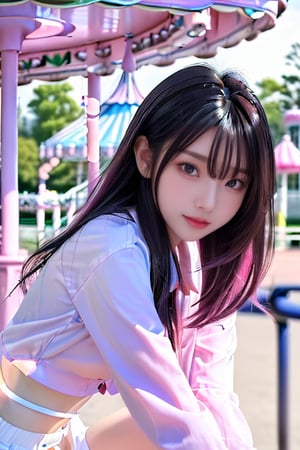 background is amusement park,
18 yo, 1 girl, beautiful korean girl,
wearing white collared long sleeve shirts,short pants, smile,riding a merry-go-round, solo, {beautiful and detailed eyes}, dark eyes, calm expression, delicate facial features, ((model pose)), Glamor body type, (dark hair:1.2), very_long_hair, hair past hip, bangs, straight pink hair, flim grain, realhands, masterpiece, Best Quality, 16k, photorealistic, ultra-detailed, finely detailed, high resolution, perfect dynamic composition, beautiful detailed eyes, eye smile, ((nervous and embarrassed)), sharp-focus, full_body, cum_on_mouth