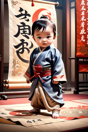 full-body picture .Generate hyper realistic image of an ancient scroll featuring an ink wash painting of a adorable baby, surrounded by traditional brushstroke elements, creating an evocative piece reminiscent of classical Asian art, Movie Poster,Movie Poster, sharp focus, intense colors, vibrant colors, chromatic aberration,MoviePosterAF, UHD, 8K,oil paint,painting