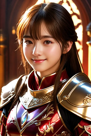 A paladin girl stands proudly in a warm, golden-lit chamber, her entire being encased in vibrant, crimson-red armor that shines like polished gemstones. Her facial features are delicate and adorable, with bright eyes and a gentle smile. The intricate detailing on her armor is exquisite, from the engravings to the tiny, glinting accents. The overall effect is one of sweet, wholesome charm , face lighting, bright backlight, high resolution, best quality, Photos, 4k, (Realistic:1.2),1girl, smile, beautiful girl, SIMPLEPOSITIVEXLV2, (best quality,4k,8k,highres,masterpiece:1.2), ultra-detailed, studio lighting, ultra-fine painting, sharp focus, physically-based rendering, extreme detail description, professional, vivid colors, fantasy, black eyes, xxmix_girl,More Reasonable Details