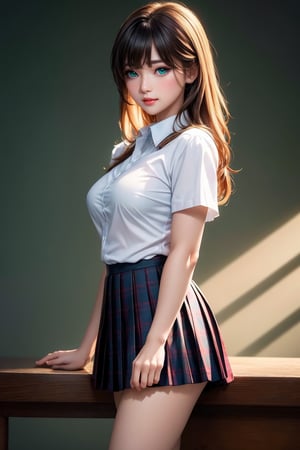 (((masterpiece))), (((best quality))), Best picture quality, high resolution, 8k, realistic, sharp focus, realistic image of elegant lady, Korean beauty, supermodel, girl, standing, wearing short-sleeved school uniform, dark-colored skirt, pleated skirt with tartan pattern, bubble socks, student shoes, light brown hair, long hair, green eyes, side-swept bangs, sideburns, phone, (wet body:1.0), sunlight, sweat, a dog, helf body, shoes removed, Head tilt, untucked, Profile, (high quality:1.0) (white background:0.8), detailed face, (blush:1.0), 1 girl,Young beauty spirit, ZGirl, perfect light, Detailedface,1 girl, big eyes, eye shadow ,SharpEyess, 
,perfecteyes eyes ,Smirk,Detailedface,perfect light,ZGirl,dreaming_background,photo of perfecteyes eyes,
