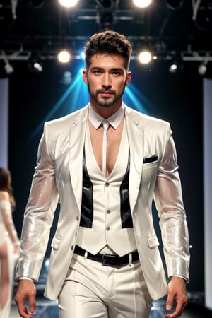 masterpiece, best quality, 8k, 1girl, (front Photo), shiny skin, facial hair, walking on fashion show runway stage, wearing white sheer suit, highly detailed face and skin, realistic, mature, stubble, muscular, huge pecs, handsome, female focus, light particles, rim light, Use light to shine through clothes to reveal muscle contours, full body, skin color shows through the fabric of clothes,